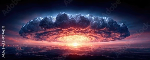 Fototapeta Nuclear explosion with stormy sky shock wave concept. Dramatic view of a colorful explosion under swirling clouds.