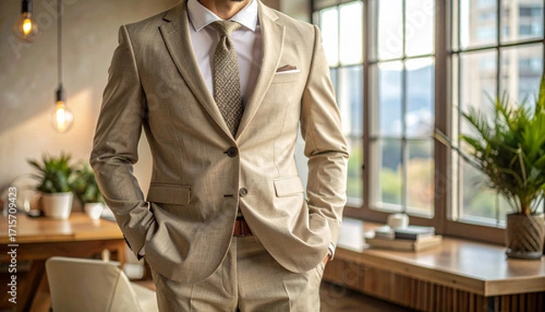 Obraz A man in a sharp, light-colored suit stands confidently with hands in pockets, indoors by a window with plants, exuding professionalism and style