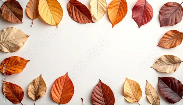 Obraz Autumn leaf border frame with vibrant colors against a clean white background, perfect for seasonal designs and decorative elements