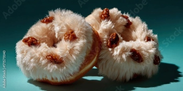 Fototapeta Two fluffy donuts with a unique fur-like texture and topped with brown accents, set against a vibrant teal background, creating a whimsical dessert display. neutral background, clear negative space