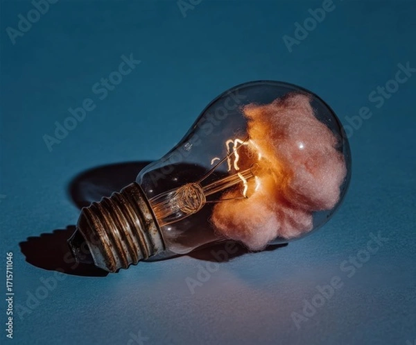 Fototapeta An oversized light bulb filled with pink cotton candy, showcasing a glowing filament inside, resting on a blue surface. The bulb's unique design creates a whimsical and artistic effect. neutral