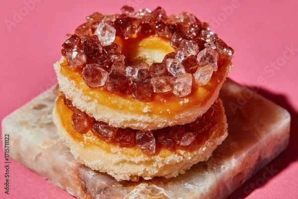 Fototapeta A delightful stack of two glazed donuts topped with colorful sugar crystals, resting on a marble surface against a vibrant pink background. neutral background, clear negative space, clean composition