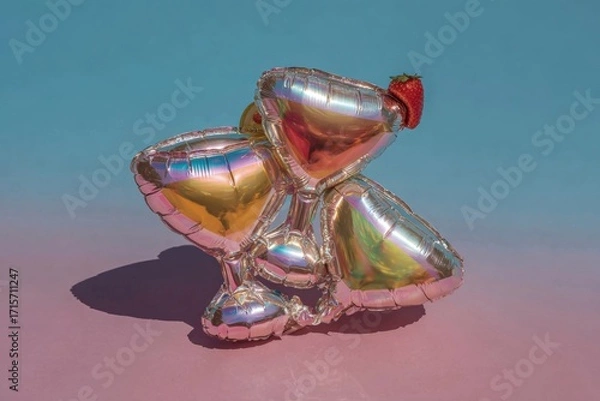 Fototapeta A vibrant display of chrome inflatable cocktail balloons arranged artistically against a pastel background, showcasing a playful and festive atmosphere. neutral background, clear negative space