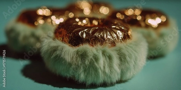 Fototapeta A close-up view of fluffy donuts featuring a unique fur-like texture on the edges, topped with shiny golden foil. The donuts are arranged on a vibrant blue background, creating a striking visual