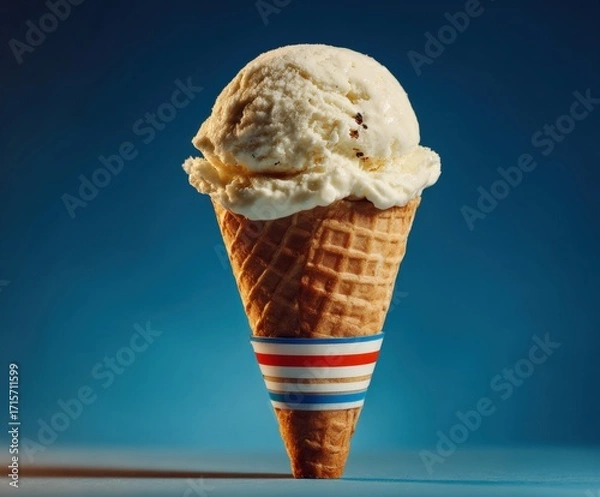Fototapeta A large ice cream cone topped with a generous scoop of creamy vanilla ice cream, set against a vibrant blue background, showcasing its delightful texture and color. neutral background, clear negative