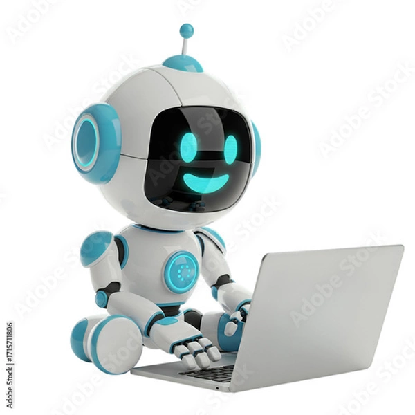 Fototapeta 3d illustration of cute robot using laptop isolated on transparent background