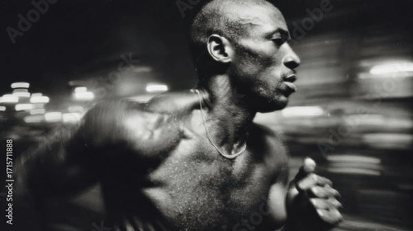 Fototapeta Dynamic monochrome image capturing a sprinter in mid-stride, showcasing the power and intensity of their movement during a race, with a blurred background emphasizing speed. neutral background