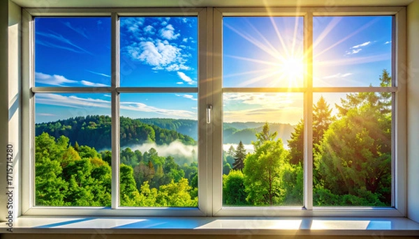 Obraz Bright morning sunbeams streaming through a clean window overlooking a serene, lush green forest valley landscape with a beautiful blue sky