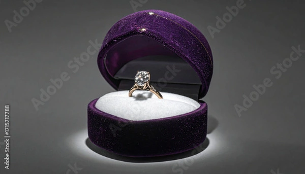Obraz Elegant engagement ring with a large sparkling diamond set in a gold band, showcased within a sophisticated purple velvet gift box