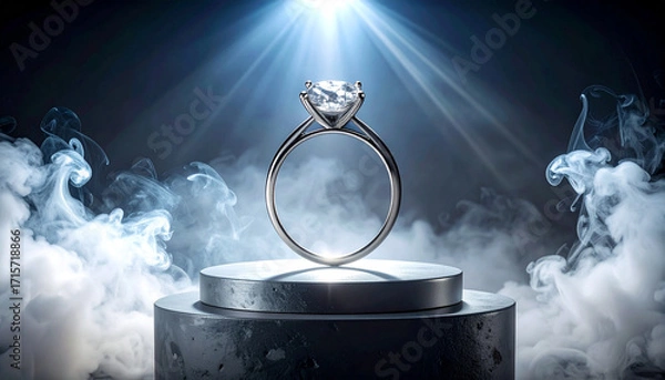 Obraz Brilliant diamond engagement ring shining in a spotlight, set against a mysterious smoky background, symbolizing eternal love and commitment