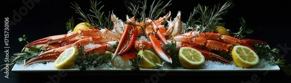 Fototapeta Fresh crab seafood platter with lemon and herbs