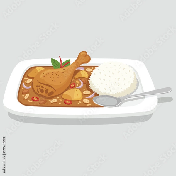 Fototapeta vector flat color of Thai food Massaman curry with a chicken drumstick, potatoes, and peanuts. with a side of white rice and a spoon