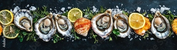 Fototapeta Fresh Oysters with Lemon and Herbs on Slate