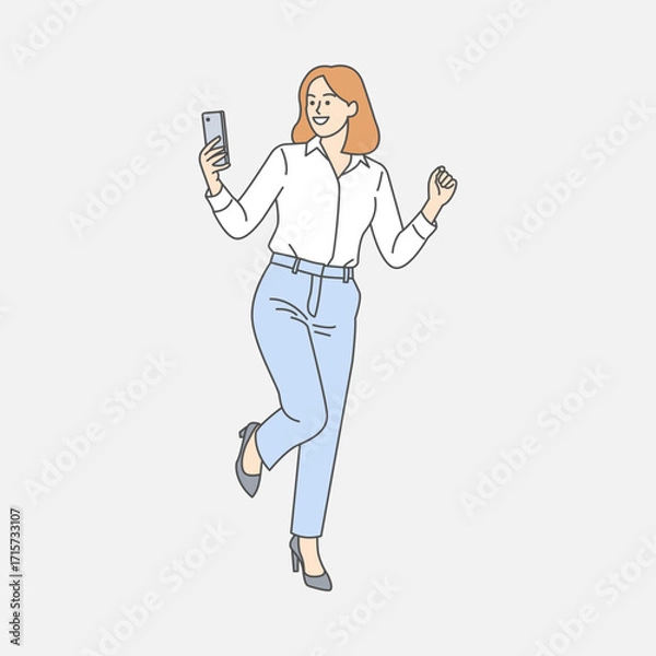 Fototapeta Illustration of a confident woman in formal attire dancing while looking at her smartphone as if celebrating something