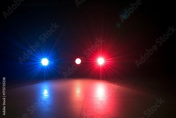 Obraz Dramatic Red and Blue Light Beams on Dark Floor, Intense Cinematic Lighting, Reflective Surface