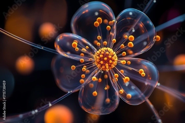 Obraz Abstract Glass Flower:  Intricate, Luminous, Orange and Blue, Dark Background, Digital Art.