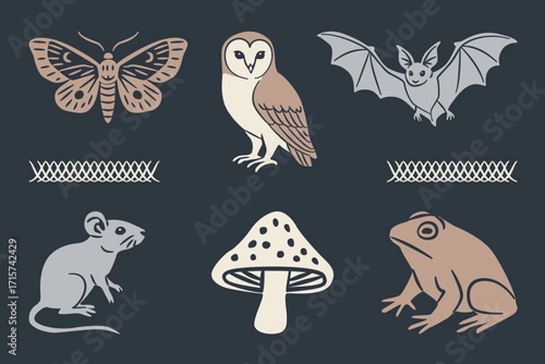 Fototapeta A mystical and gothic collection of nocturnal animals and forest symbols, including a moth, owl, bat, and mushroom, in a vintage linocut style for Halloween or witchcraft themes