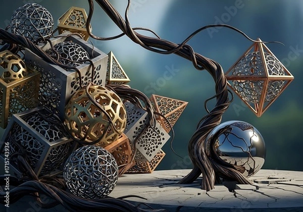 Fototapeta Geometric assemblage of metallic forms intertwined with a serpentine organic structure creating a surreal and abstract