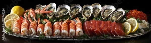 Fototapeta Fresh Seafood Platter with Shrimp, Oysters, and Tuna