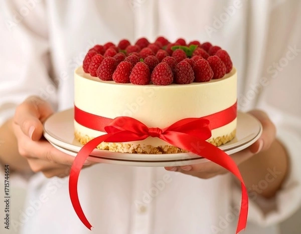 Obraz Woman holding a raspberry cheesecake