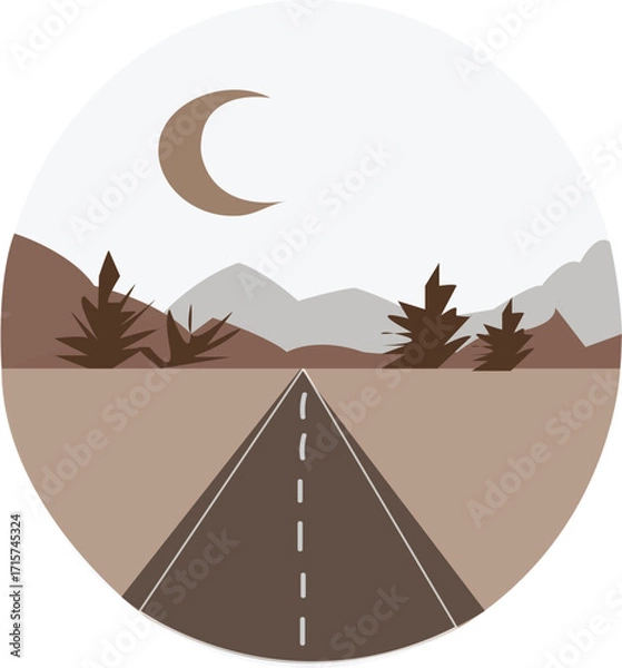 Fototapeta Road flat with four tree, mountains and moon