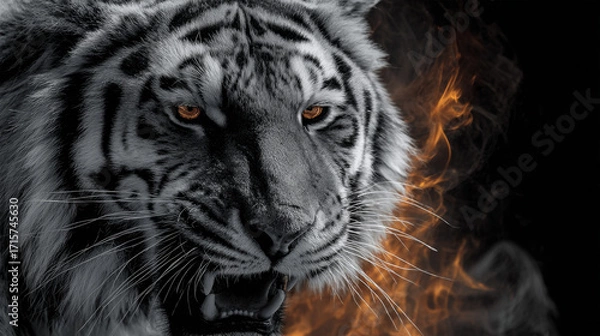 Obraz White tiger roaring with fiery background
