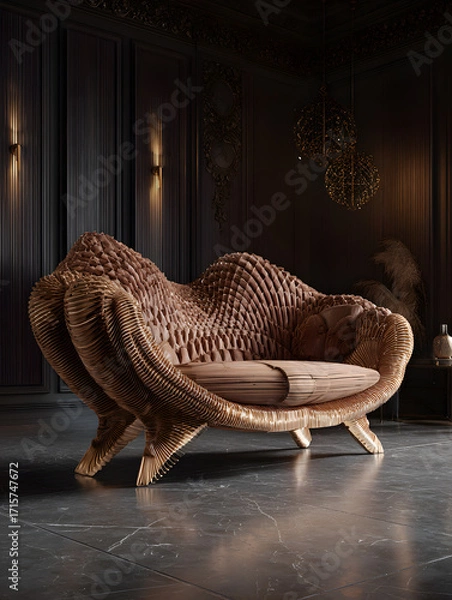 Fototapeta Futuristic sofa as part of the interior of an apartment. Neural network AI generated art