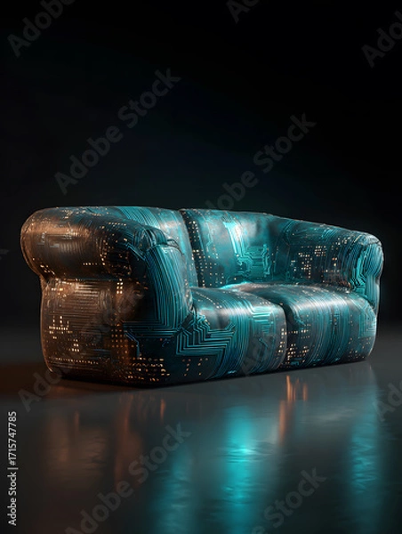 Fototapeta Futuristic sofa as part of the interior of an apartment. Neural network AI generated art