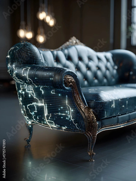 Fototapeta Futuristic sofa as part of the interior of an apartment. Neural network AI generated art