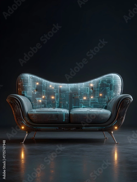Fototapeta Futuristic sofa as part of the interior of an apartment. Neural network AI generated art