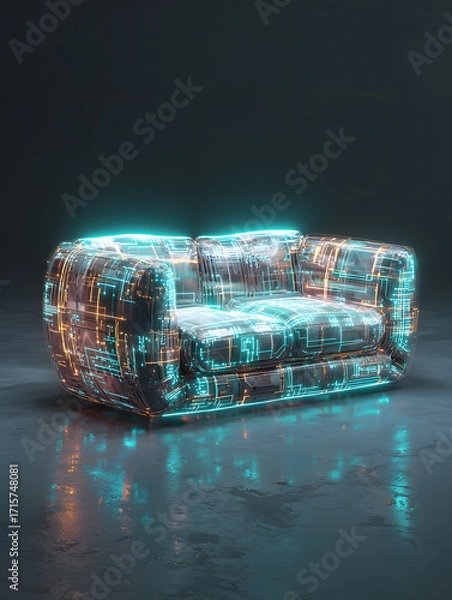Fototapeta Futuristic sofa as part of the interior of an apartment. Neural network AI generated art