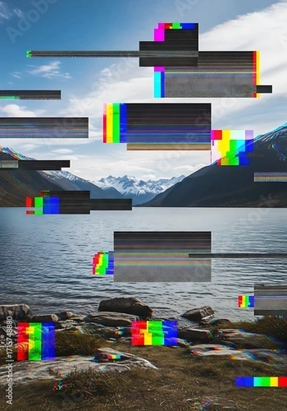 Fototapeta Glitch aesthetic of serene lake scene contrasting nature and technology