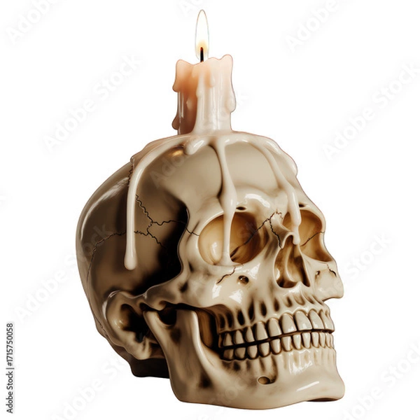 Fototapeta Skull with a burning candle on top of its head on transparent background