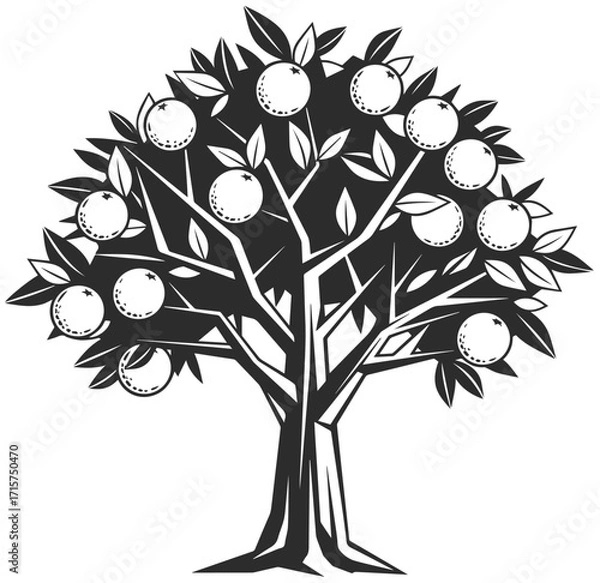 Fototapeta  Icon of a beautiful realistic orange tree with fruits and characteristic leaves, oranges icon in black color.