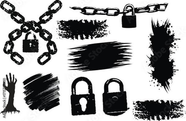 Fototapeta broken Chain, Lock, brush, horror hand, slash vector illustration symbol of freedom and resistance For urban art design
