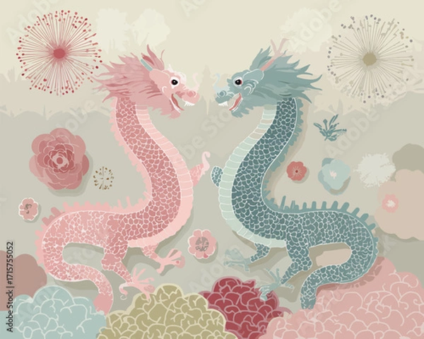 Fototapeta 핑크색과 청록색의 장식적인 용 두 마리, 꽃 장식 배경