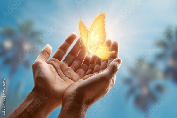 Fototapeta Hands holding glowing golden butterfly symbolizing hope and mental health recovery