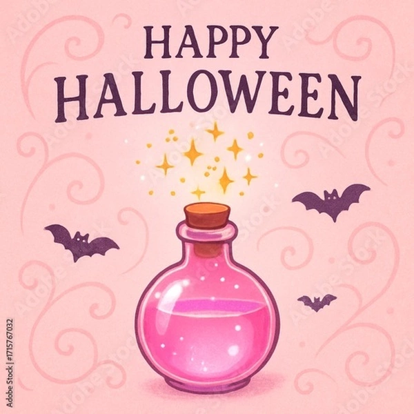 Obraz Pink Potion Bottle with Sparkles — Cute Halloween Greeting Card