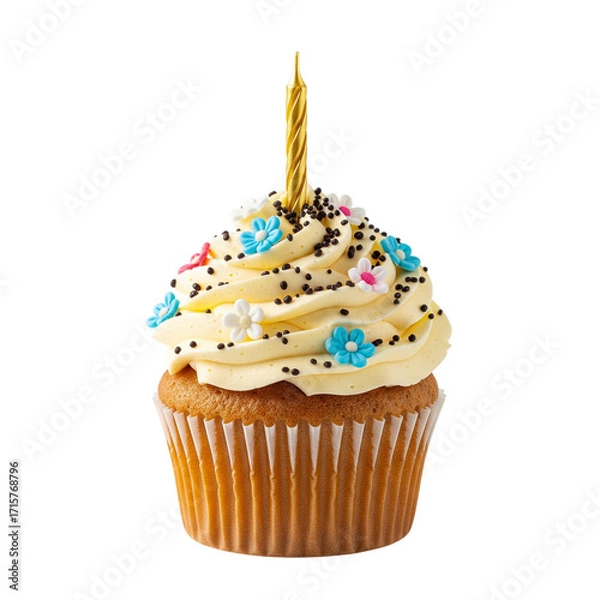 Fototapeta Delicious vanilla cupcake with creamy frosting and sprinkles for celebration