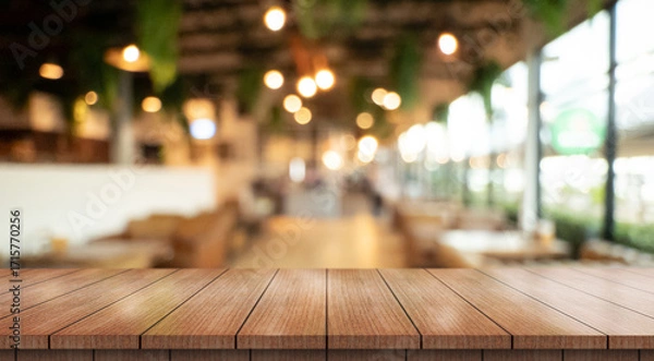 Fototapeta Empty wooden table top with lights bokeh on blur restaurant background.	