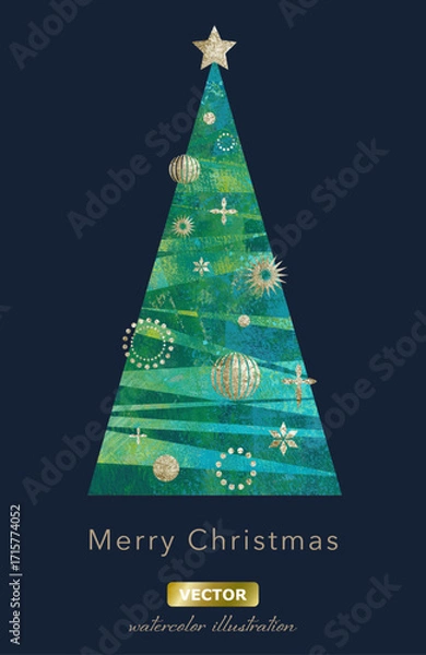 Obraz ゴールドのオーナメントを飾りつけたシンプルなクリスマスツリー。ペイントテクスチャのイラスト。幾何学的なデザイン。（ベクター。オーナメントのレイアウト変更可能）