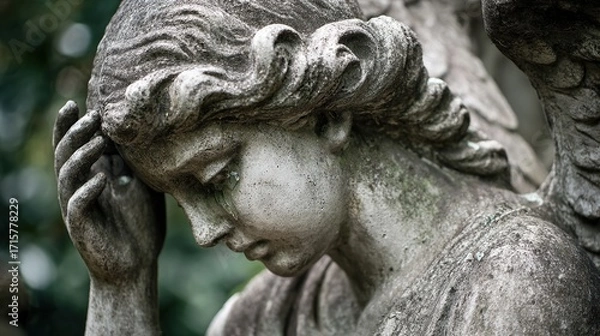 Obraz Stone angel statue with a somber expression, capturing a moment of reflection and grief