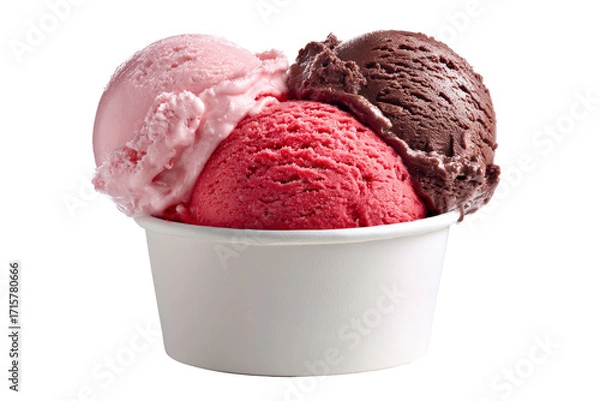 Fototapeta A delightful trio of vanilla, strawberry, and chocolate ice cream scoops in a pristine white cup, promising a sweet and refreshing treat on a hot summer day