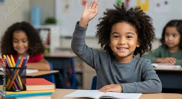 Fototapeta Mixed-race Afro Asian child raising hand in classroom, portrait of school student with books and crayons at desk, education and diversity concept