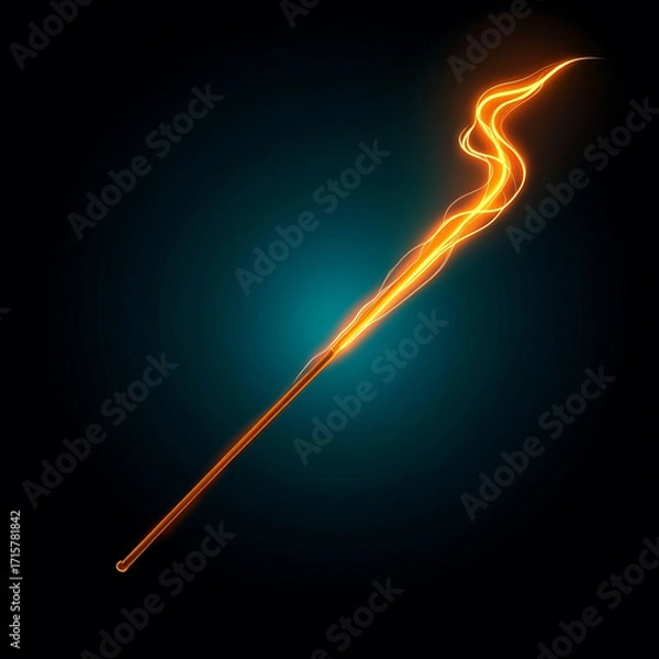 Fototapeta Glowing magic wand with swirling orange light trail on dark background fantasy concept