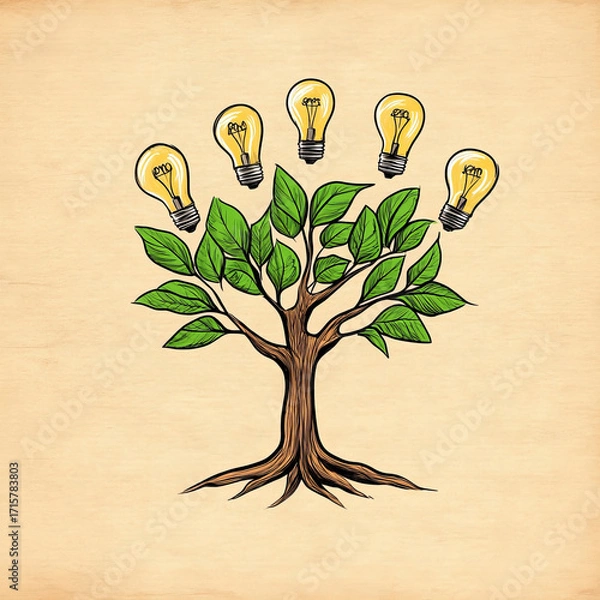 Fototapeta Tree with green leaves and light bulbs as fruit, symbolizing creativity and innovation