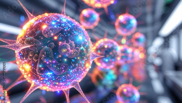 Fototapeta Futuristic microscopic food structures glowing in laboratory