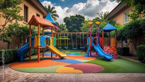 Fototapeta Colorful modern playground with slides and swings outdoors