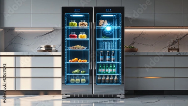 Fototapeta Smart refrigerator with transparent door and digital display in modern kitchen