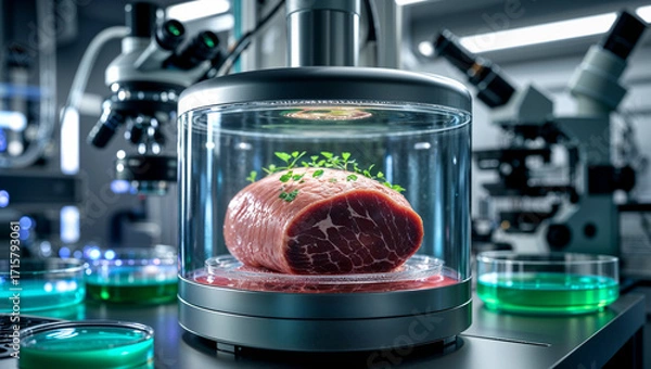 Fototapeta Futuristic lab-grown meat in high-tech chamber